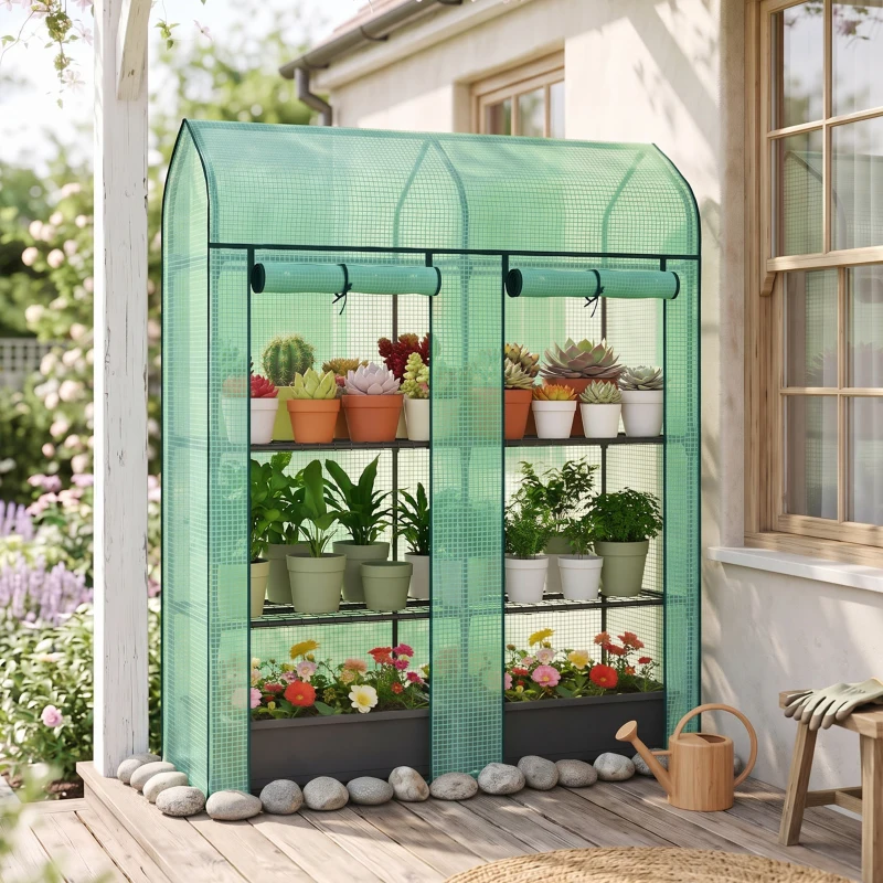 Outsunny 3 Tier Mini Greenhouse, Small Portable Greenhouse with 2 Roll-up Doors, 56.3" x 18.1" x 65", Green