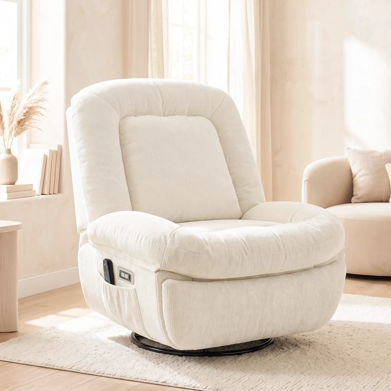 HOMCOM Oversized Power Recliner Chair with Massage and Heat, USB Port, Overstuffed Chenille Swivel Rocker Recliner, Cream White
