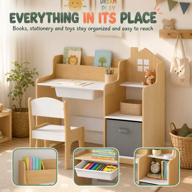 Qaba Kids Desk and Chair Set with 2 Desktop Cubbies, Fabric Bin, Plastic Drawer, Bookshelf, Anti-Tip Device for 3-8 Years