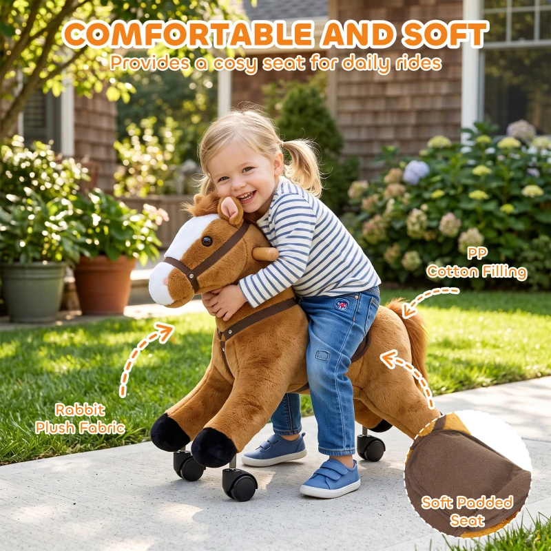 Qaba Ride on Horse, Ride on Toy with Wheels, Plush Animal Toys to Develop Balance & Coordination for Toddlers 18-36 M, Brown