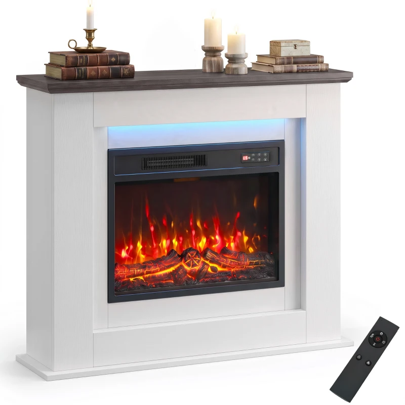 HOMCOM 40" Electric Fireplace with Mantel, LED Strip, Fireplace TV Stand for 55" TVs, Adjustable Flame, White
