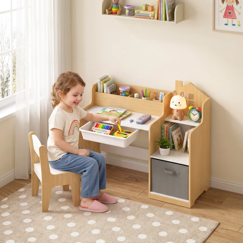 Qaba Kids Desk and Chair Set with 2 Desktop Cubbies, Fabric Bin, Plastic Drawer, Bookshelf, Anti-Tip Device for 3-8 Years