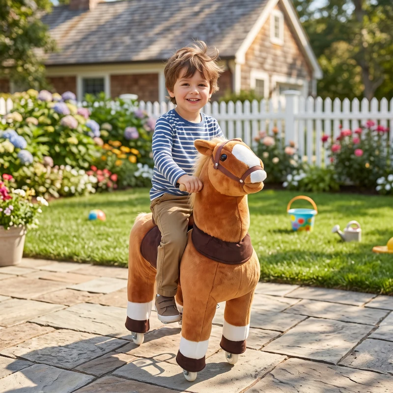 Qaba Ride on Horse for Kids 4-12 Years, 37.4 Inch Height Plush Riding Pony with Rolling Wheels for Active Play, Brown