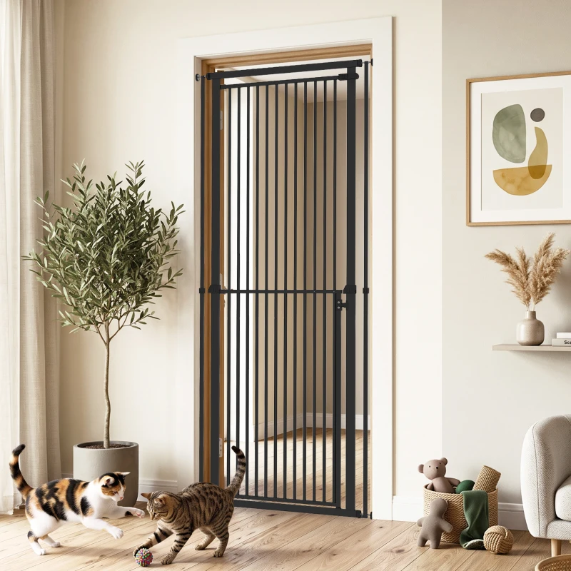 PawHut 44"-79" Extra Tall Pet Gate, Dog Gate with Two-Way Open, Narrow Bar Spacing, Pressure Mounted for Cats & Dogs, Black