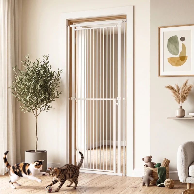 PawHut 44"-79" Extra Tall Pet Gate, Dog Gate with Two-Way Open, Narrow Bar Spacing, Pressure Mounted for Cats & Dogs, White