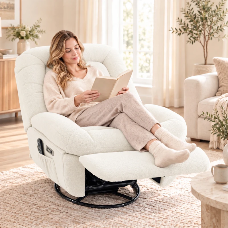 HOMCOM Oversized Power Recliner Chair with Massage and Heat, USB Port, Overstuffed Chenille Swivel Rocker Recliner, Cream White