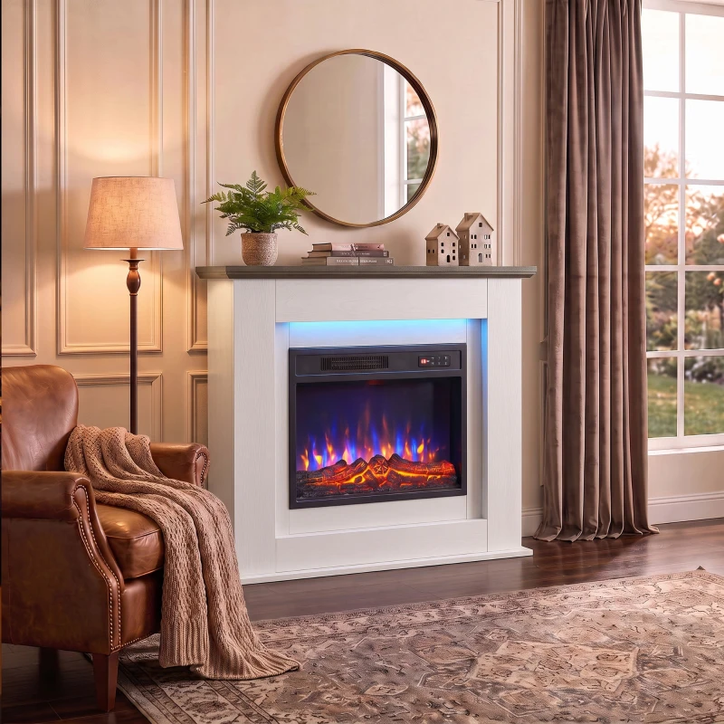 HOMCOM 40" Electric Fireplace with Mantel, LED Strip, Fireplace TV Stand for 55" TVs, Adjustable Flame, White