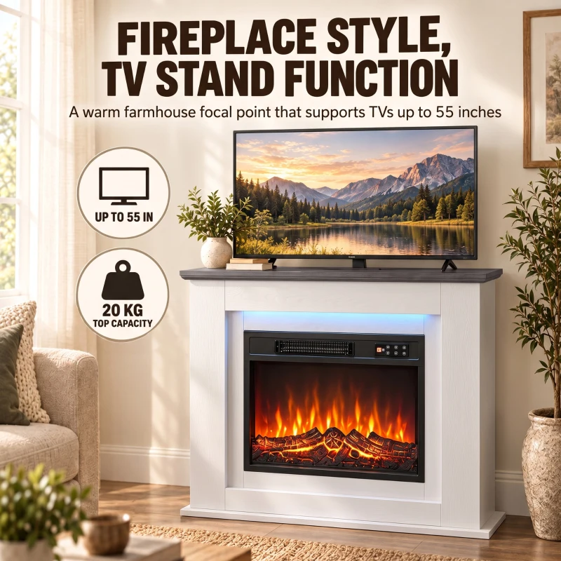 HOMCOM 40" Electric Fireplace with Mantel, LED Strip, Fireplace TV Stand for 55" TVs, Adjustable Flame, White