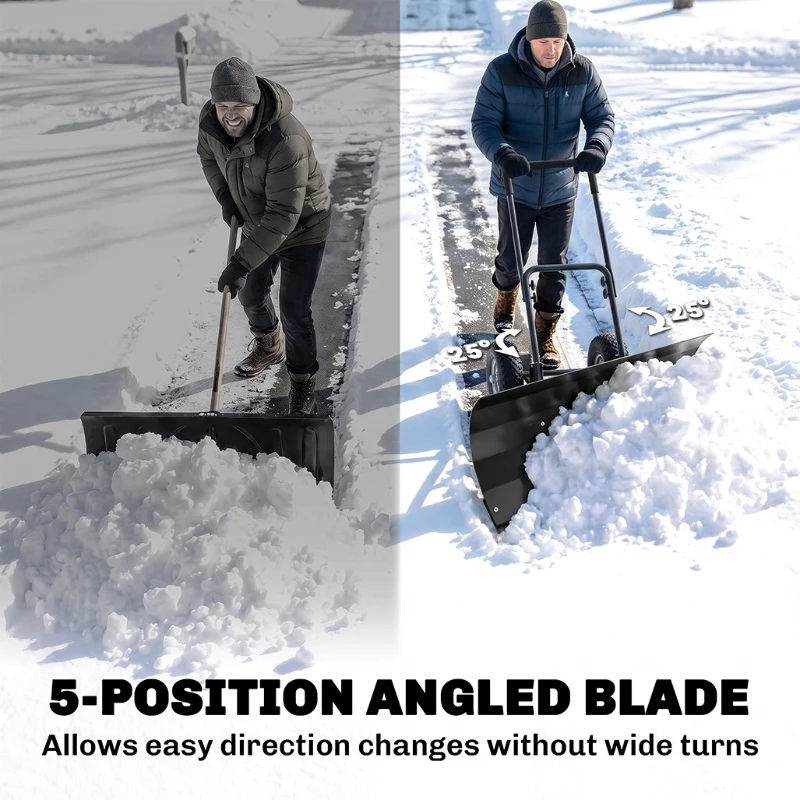 Outsunny Snow Shovel with Wheels, 29" x 16.5" Metal Snow Pusher with Adjustable Handle, 5-Angle Blade for Driveway, Black