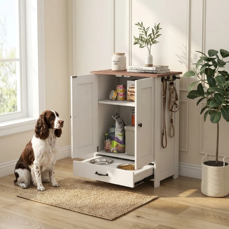 PawHut Pet Feeding Station, Dog Food Storage Cabinet w/ Raised Dog Bowls, Adjustable Panel, Hooks for Medium Dogs, White