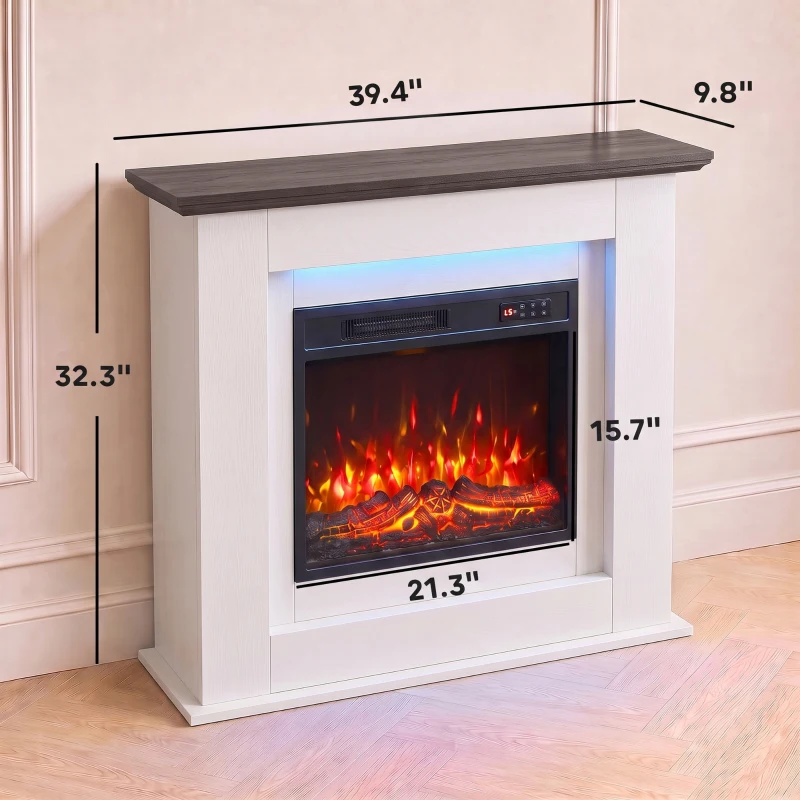 HOMCOM 40" Electric Fireplace with Mantel, LED Strip, Fireplace TV Stand for 55" TVs, Adjustable Flame, White