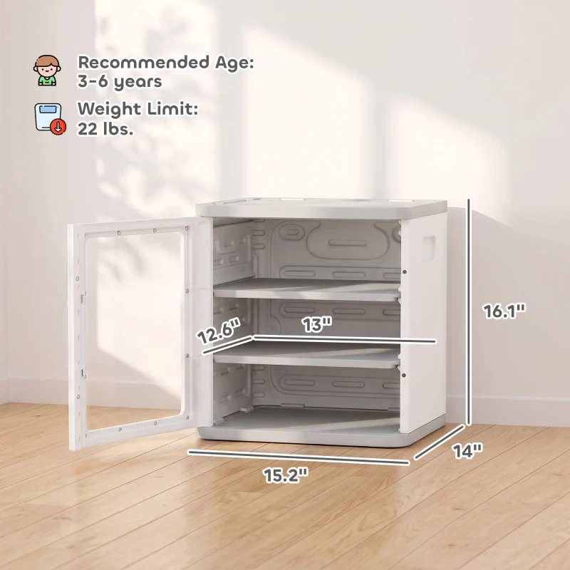 Qaba Toy Storage Organizer, 3 Tier Adjustable Toy Storage Cabinet Dustproof HDPE Plastic, Transparent Door, White