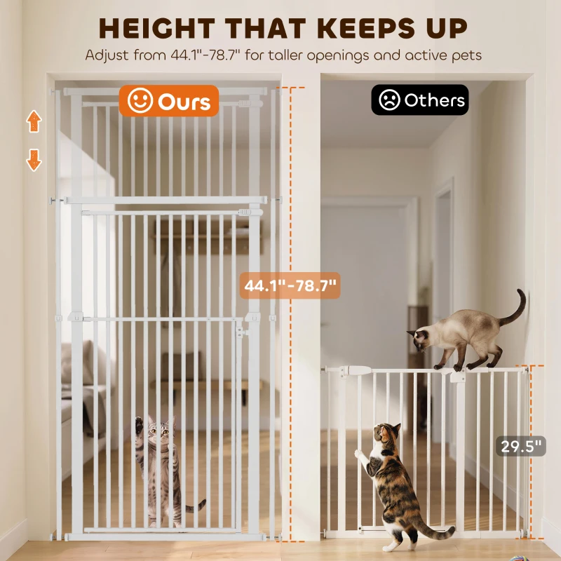 PawHut 44"-79" Extra Tall Pet Gate, Dog Gate with Two-Way Open, Narrow Bar Spacing, Pressure Mounted for Cats & Dogs, White