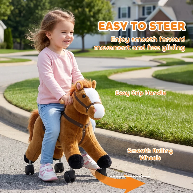 Qaba Ride on Horse, Ride on Toy with Wheels, Plush Animal Toys to Develop Balance & Coordination for Toddlers 18-36 M, Brown