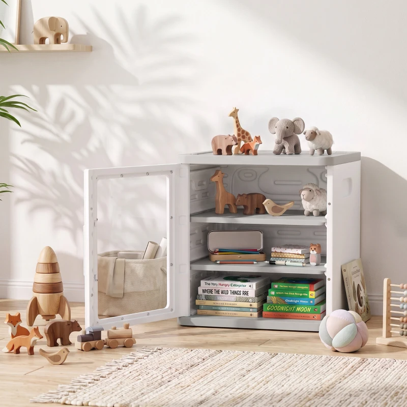 Qaba Toy Storage Organizer, 3 Tier Adjustable Toy Storage Cabinet Dustproof HDPE Plastic, Transparent Door, White