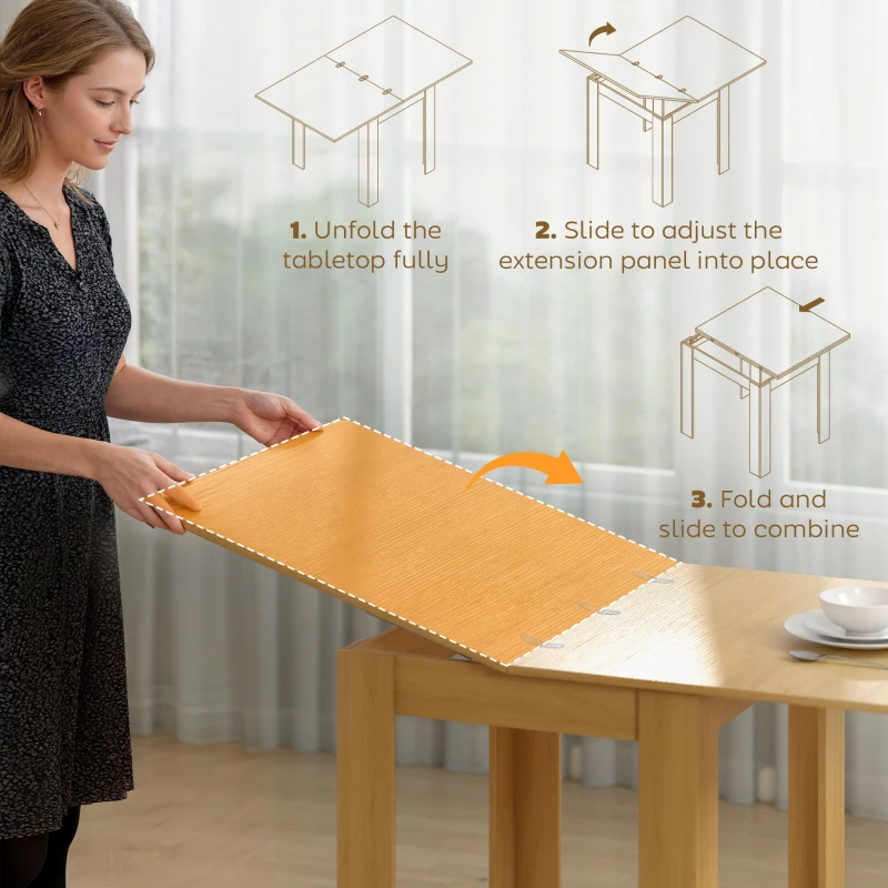 HOMCOM Extendable Table Table for 4-6, Square Folding Dining for Small Spaces, 28"-55" W, Natural