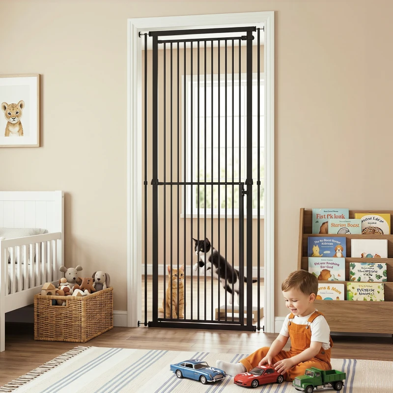 PawHut 44"-79" Extra Tall Pet Gate, Dog Gate with Two-Way Open, Narrow Bar Spacing, Pressure Mounted for Cats & Dogs, Black