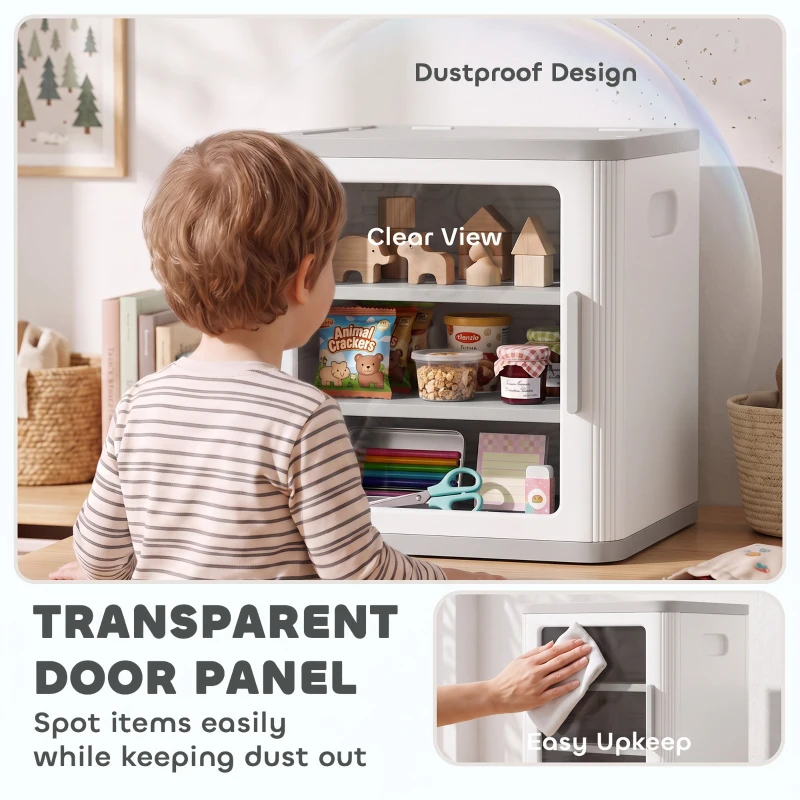 Qaba Toy Storage Organizer, 3 Tier Adjustable Toy Storage Cabinet Dustproof HDPE Plastic, Transparent Door, White