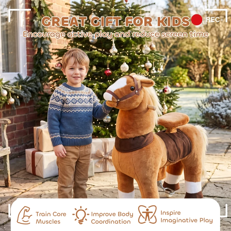 Qaba Ride on Horse for Kids 4-12 Years, 37.4 Inch Height Plush Riding Pony with Rolling Wheels for Active Play, Brown