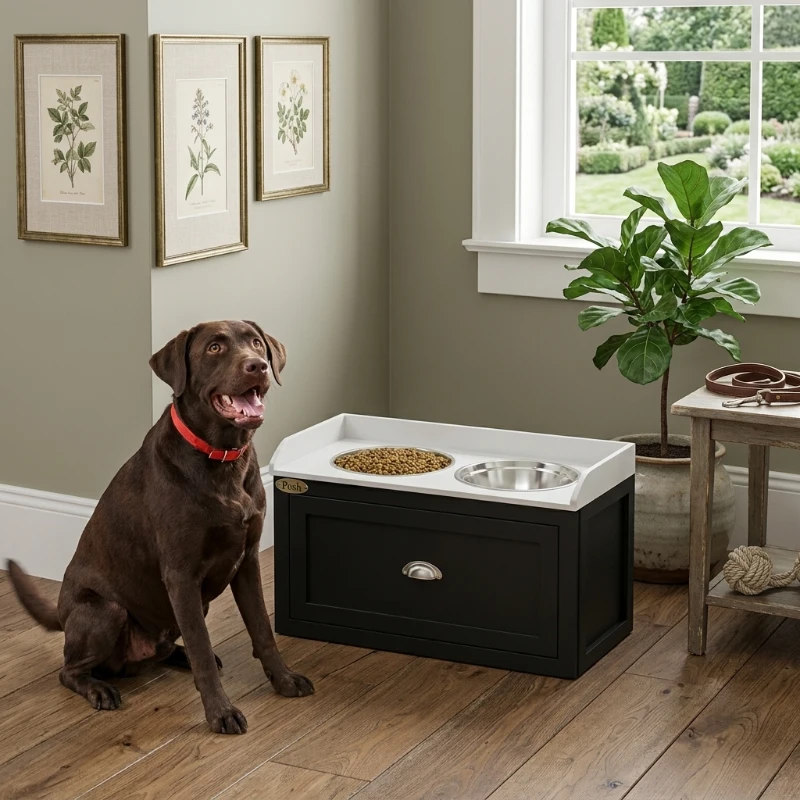 PawHut Pet Feeding Station Pet Dish Bowl Set with Storage, 2 Elevated Dog Bowls for Large Sized Dogs, White and Black