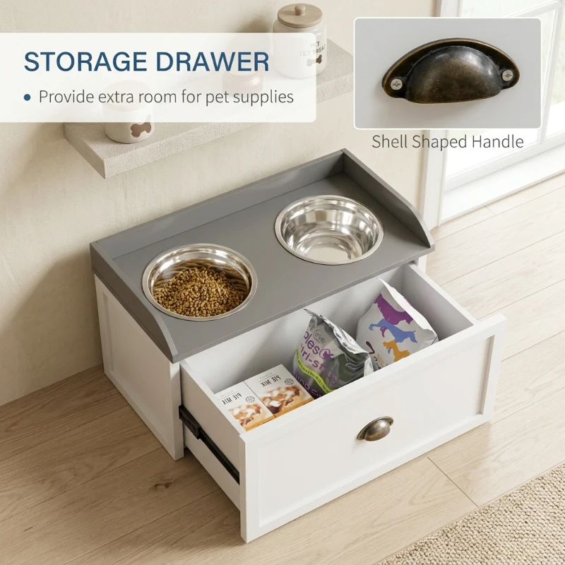 PawHut Pet Feeding Station Pet Dish Bowl Set with Storage, 2 Elevated Dog Bowls for Large Sized Dogs, White