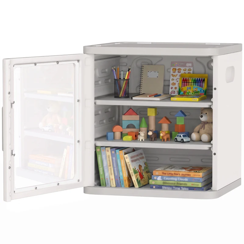 Qaba Toy Storage Organizer, 3 Tier Adjustable Toy Storage Cabinet Dustproof HDPE Plastic, Transparent Door, White