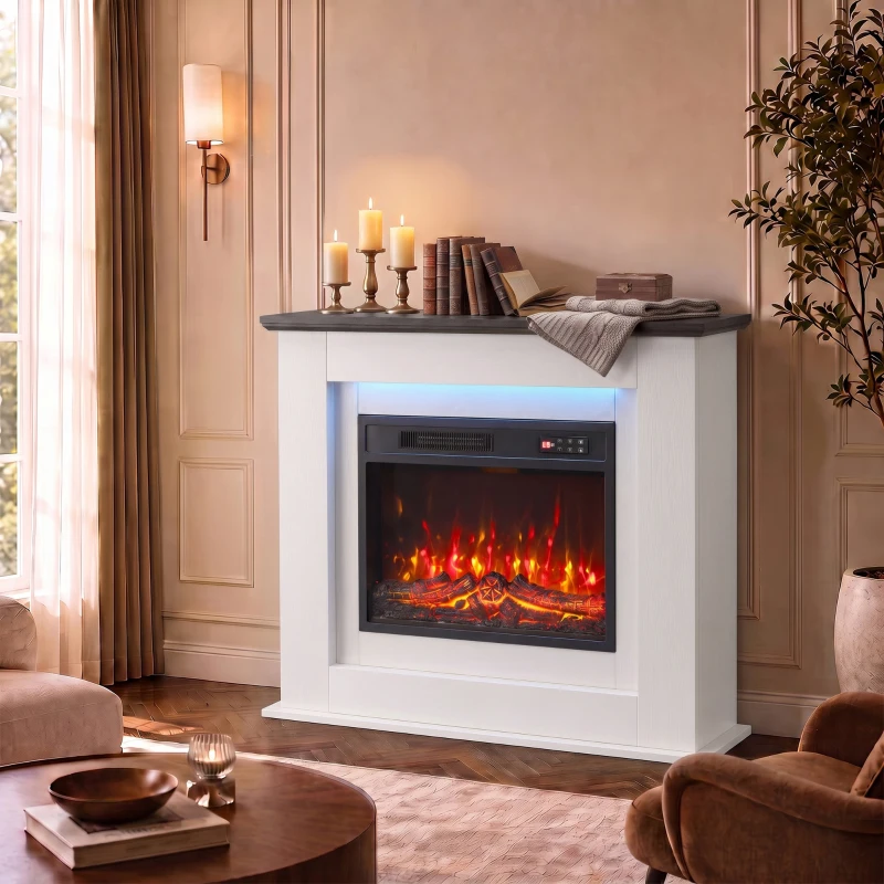 HOMCOM 40" Electric Fireplace with Mantel, LED Strip, Fireplace TV Stand for 55" TVs, Adjustable Flame, White