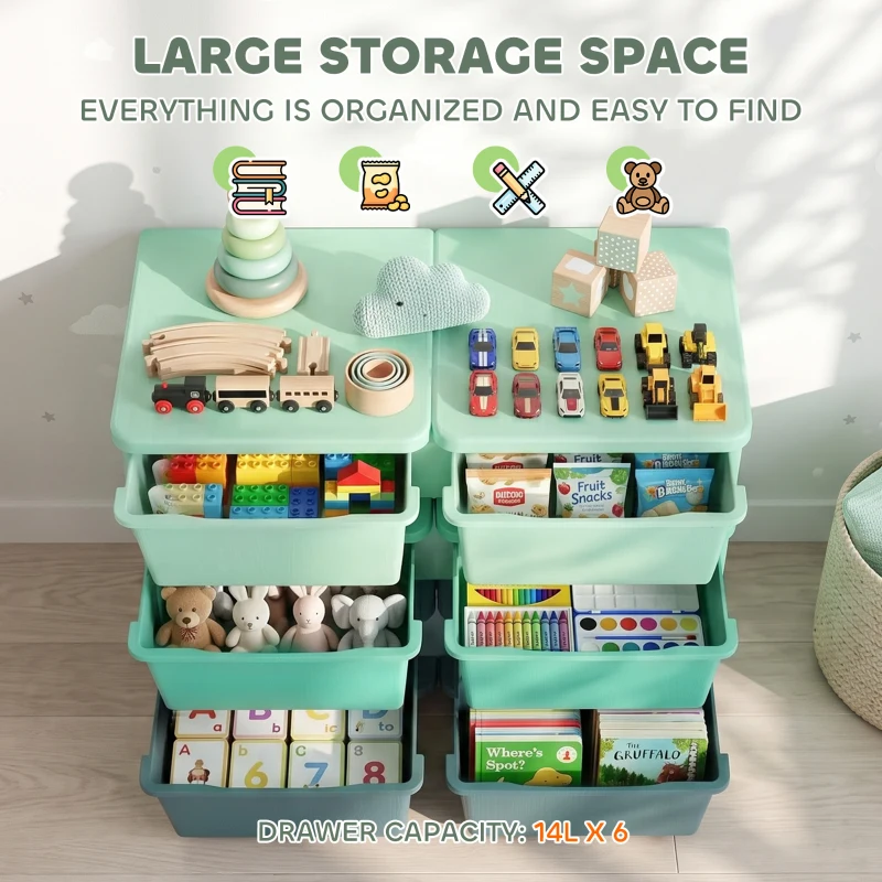 Qaba 3 Tier Kids Storage Organizer with 6 Drawers for Bedroom, Nursery, Kindergarten, Living Room, Boys and Girls, Green