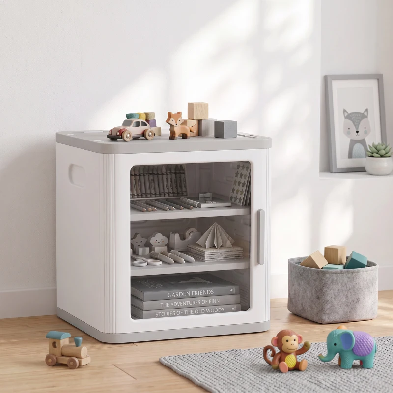 Qaba Toy Storage Organizer, 3 Tier Adjustable Toy Storage Cabinet Dustproof HDPE Plastic, Transparent Door, White