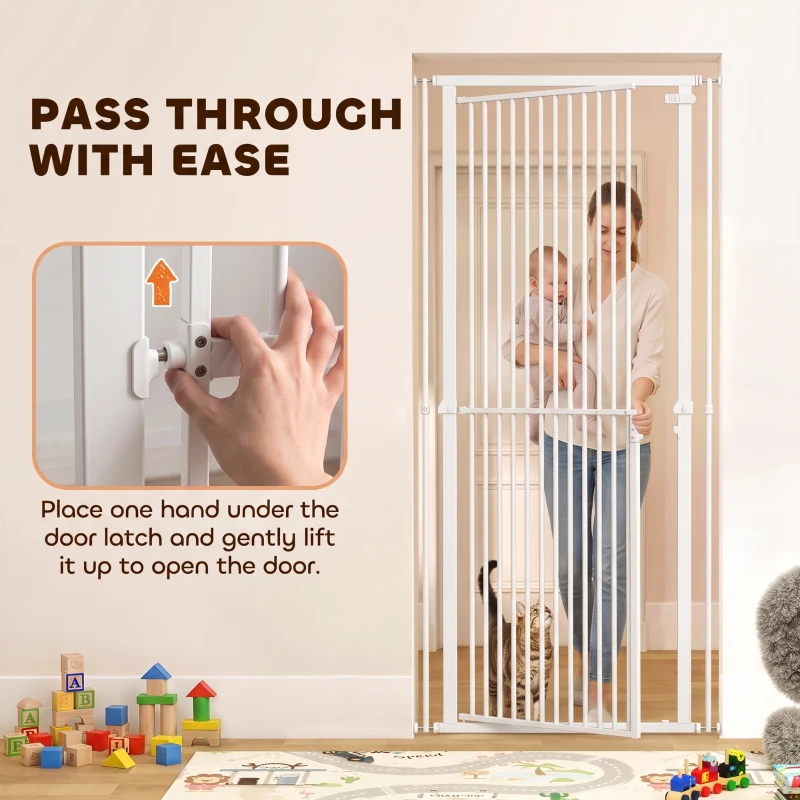 PawHut 44"-79" Extra Tall Pet Gate, Dog Gate with Two-Way Open, Narrow Bar Spacing, Pressure Mounted for Cats & Dogs, White