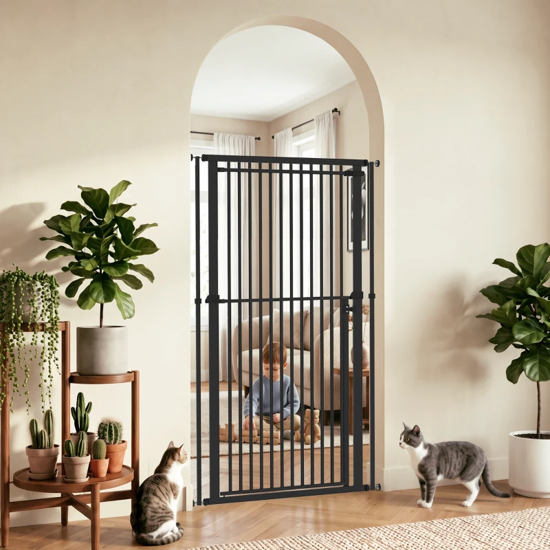 PawHut 44"-79" Extra Tall Pet Gate, Dog Gate with Two-Way Open, Narrow Bar Spacing, Pressure Mounted for Cats & Dogs, Black