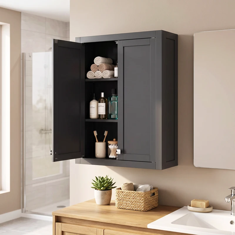 HOMCOM Bathroom Cabinet Wall Mounted, Modern Bathroom Wall Cabinet with 2 Doors and 2 Adjustable Shelves, Black