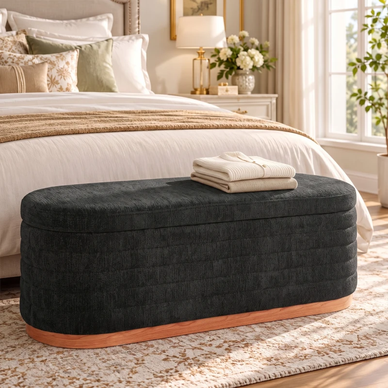 HOMCOM Storage Ottoman Bench Oval Chenille Upholstered Ottoman with Storage Chest, Dark Gray