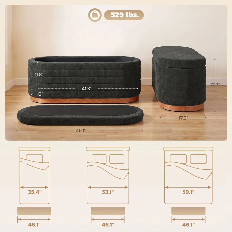 HOMCOM Storage Ottoman Bench Oval Chenille Upholstered Ottoman with Storage Chest, Dark Gray