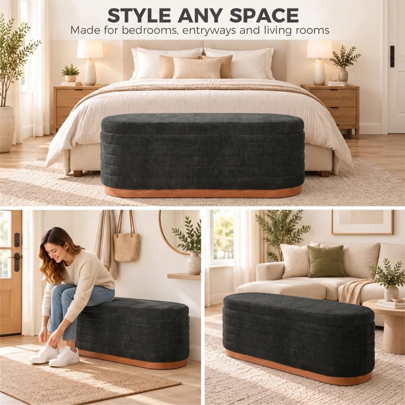 HOMCOM Storage Ottoman Bench Oval Chenille Upholstered Ottoman with Storage Chest, Dark Gray