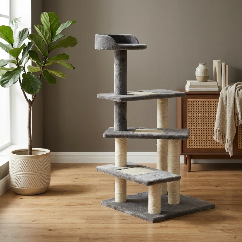 PawHut Cat Tree, Multi-Level Climbing Tower with Sisal Scratching Posts and Resting Perches, Gray