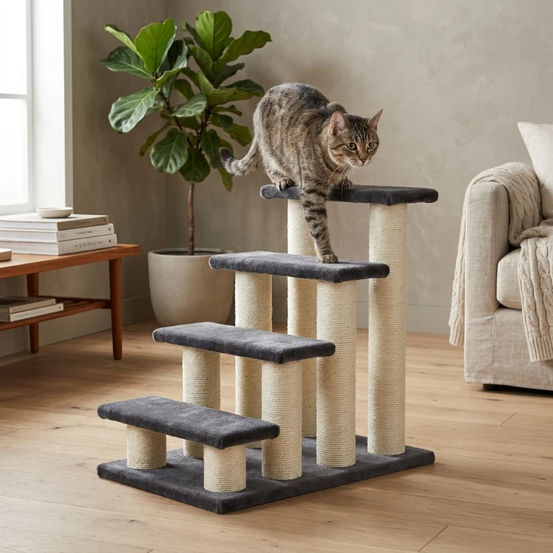 PawHut Cat Stairs, 4-Step Plush-Covered Design with Sisal Scratching Post for Bed Access, Gray
