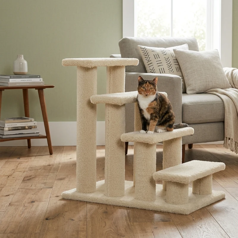 PawHut Cat Stairs, 4-Step Freestanding Design with Carpeted Treads and 25" Long Base, Cream White