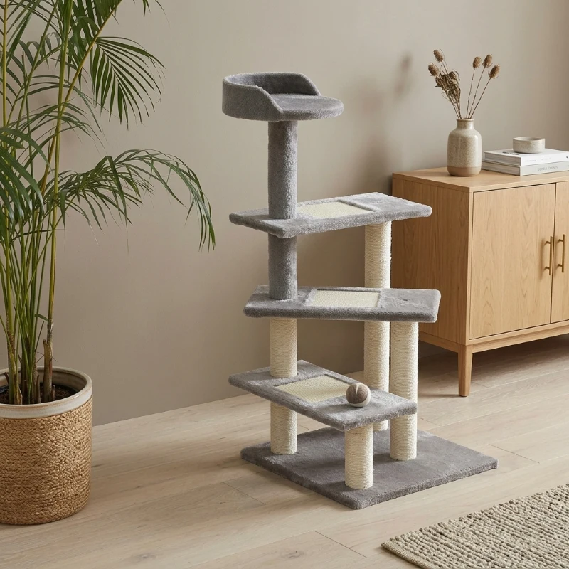 PawHut Cat Tree, Multi-Level Climbing Tower with Sisal Scratching Posts and Resting Perches, Gray