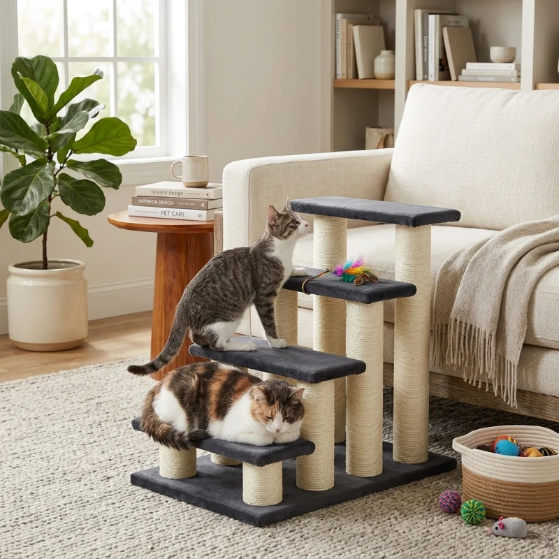 PawHut Cat Stairs, 4-Step Plush-Covered Design with Sisal Scratching Post for Bed Access, Gray