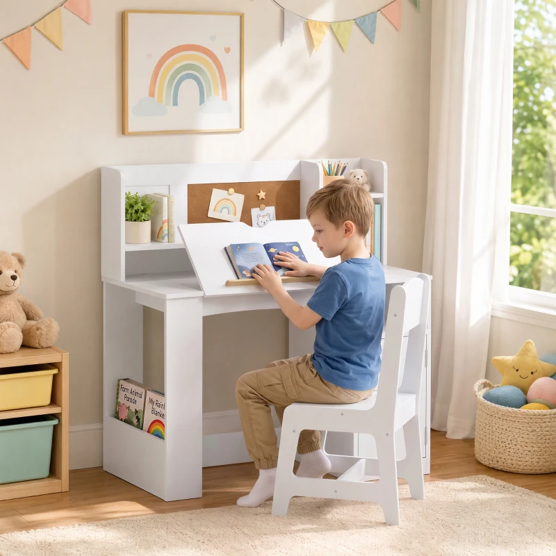 Qaba Kids Desk and Chair Set, Wooden Children Study Table with Tiltable Desktop, Storage Cabinet, Hutch for 3-12, White