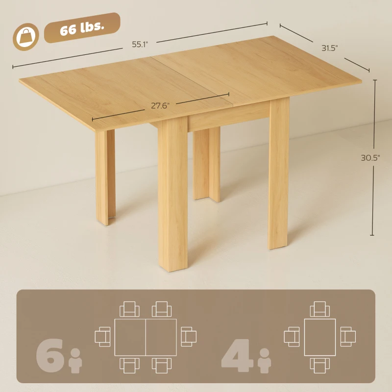 HOMCOM Extendable Table Table for 4-6, Square Folding Dining for Small Spaces, 28"-55" W, Natural