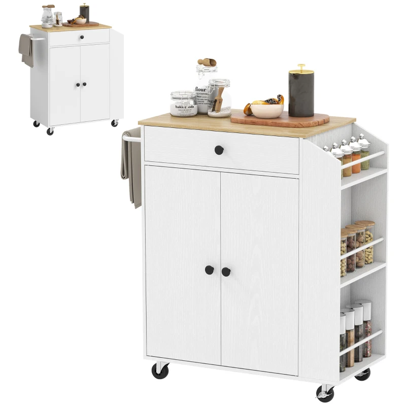 HOMCOM Rolling Kitchen Island with Tabletop, Kitchen Cart with Storage, Drawer, Cabinet,  Spice Rack and Towel Bar, White