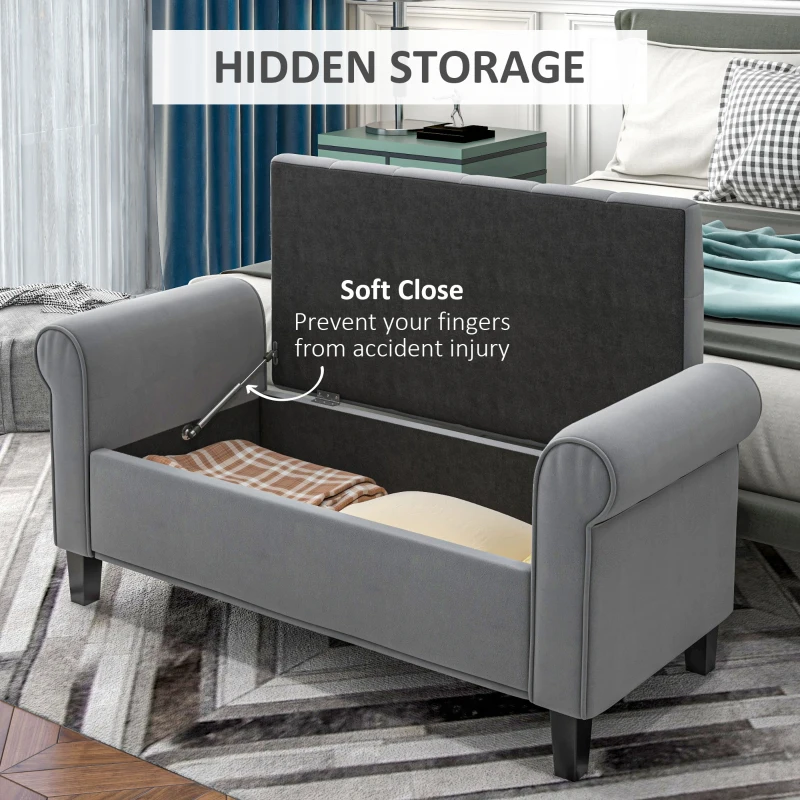 HOMCOM 50 Inches Storage Ottoman, End of Bed Bench with Rolled Arms, Wood Legs, Button Tufted Storage Bench, Charcoal Gray