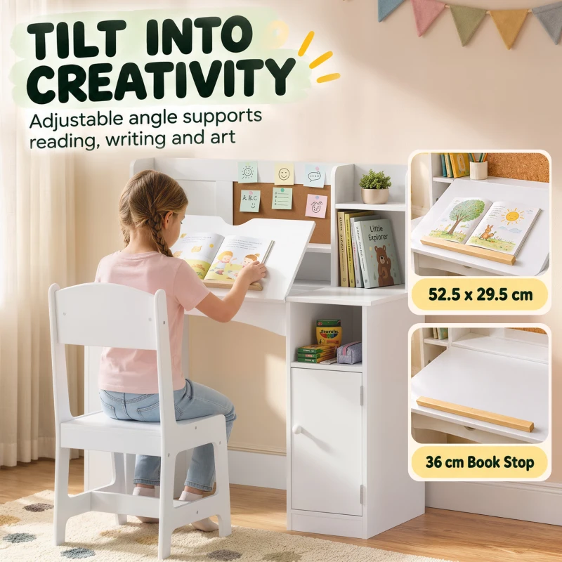 Qaba Kids Desk and Chair Set, Wooden Children Study Table with Tiltable Desktop, Storage Cabinet, Hutch for 3-12, White