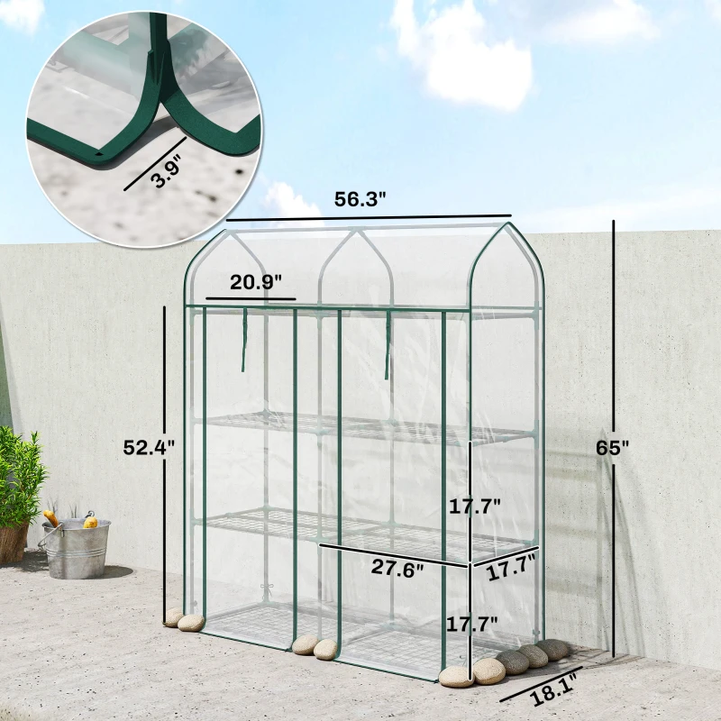 Outsunny 3 Tier Mini Greenhouse, Small Portable Greenhouse with 2 Roll-up Doors, 56.3" x 18.1" x 65", Clear