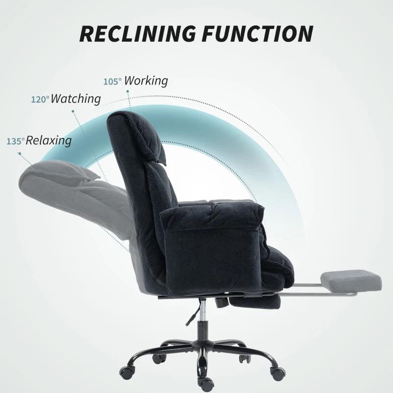 HOMCOM High Back Office Chair, Reclining Desk Chair with Footrest, High Resilience Foam, Rolling Wheels, Black