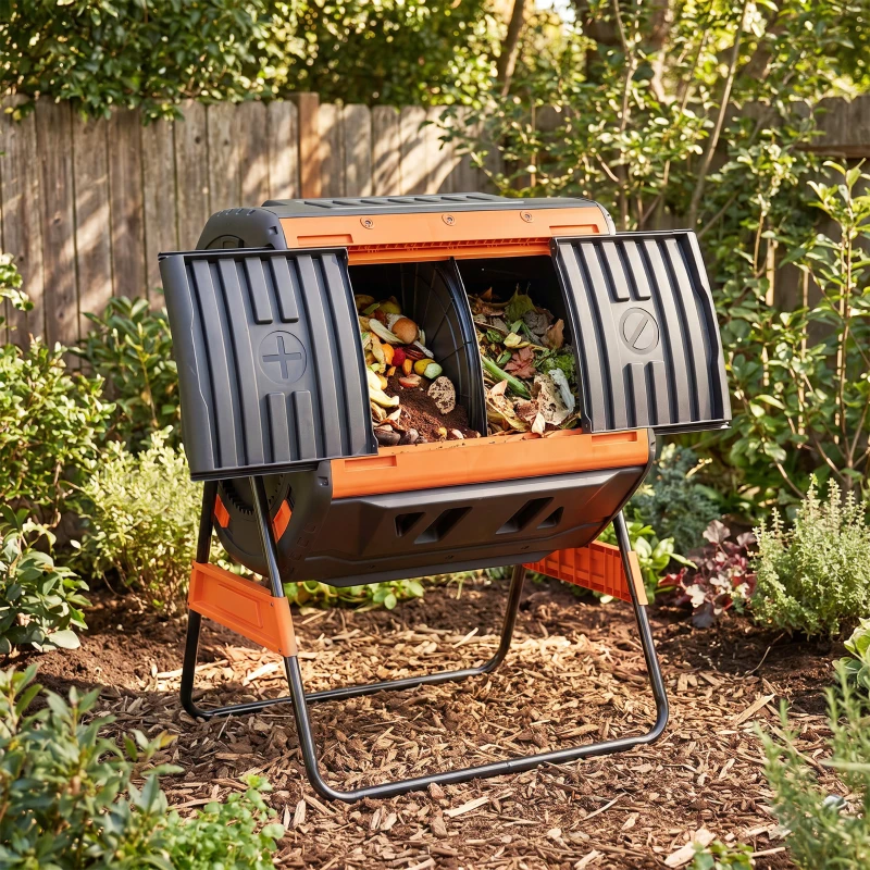 Outsunny Compost Bin Outdoor, 53 Gal Dual Chamber Tumbling Composter with Adjustable Vents, BPA Free Tumbling Composter, Orange