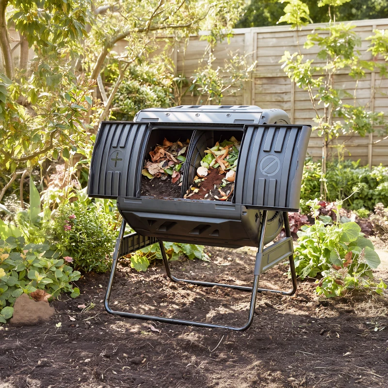Outsunny Compost Bin Outdoor, 53 Gal Dual Chamber Tumbling Composter with Adjustable Vents, BPA Free Tumbling Composter, Black