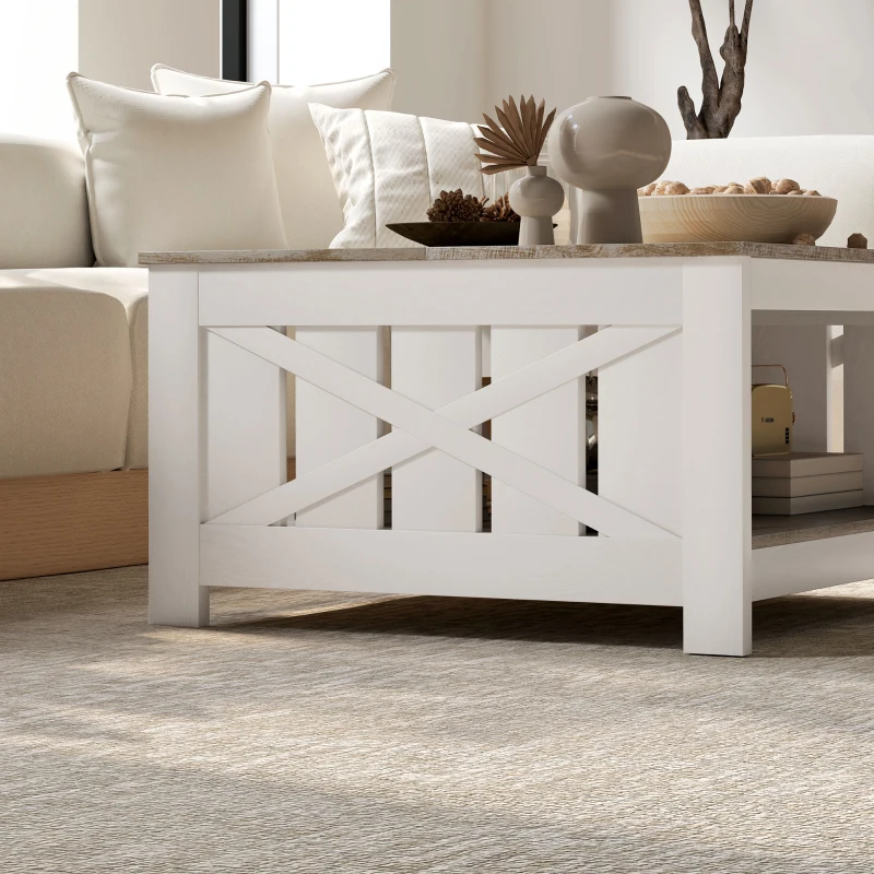 HOMCOM 31.5" Square Coffee Table, Farmhouse 2-Tier Center Table for Living Room, Distressed Oak and Brown